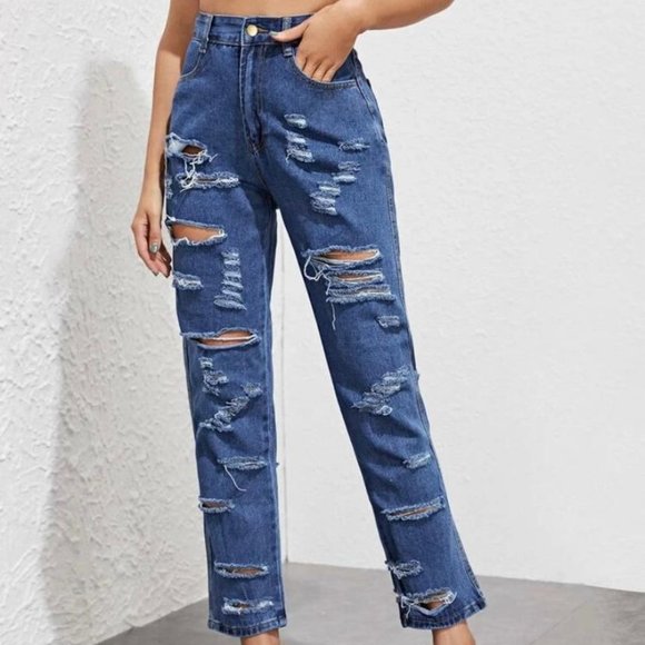 Distressed Ripped High Rise Mom Jeans - Picture 1 of 11